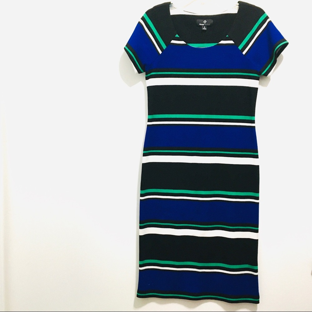 Ronni Nicole Short Sleeve Blue Black and White Stripes Stretch Woven Dress